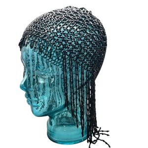 Black Beaded Mesh Headpiece Bead Cap Cleopatra costume Mardi‎ Gras Dance